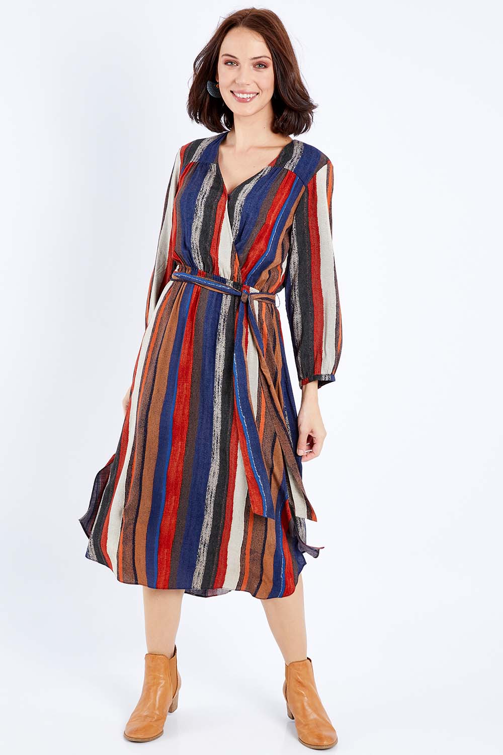 Model Andrea wearing size 10 of The Wrap Front Midi Dress in colour Stripe (Blue), from the front, cropped image