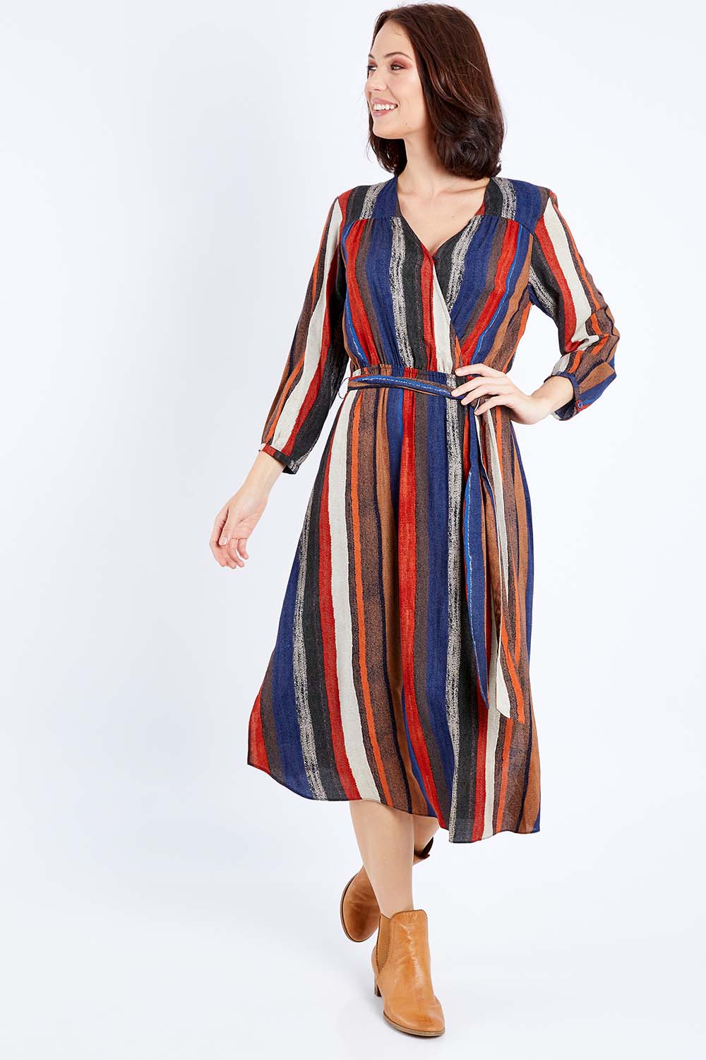 Model Andrea wearing size 10 of The Wrap Front Midi Dress in colour Stripe (Blue), from the front, showing the whole outfit