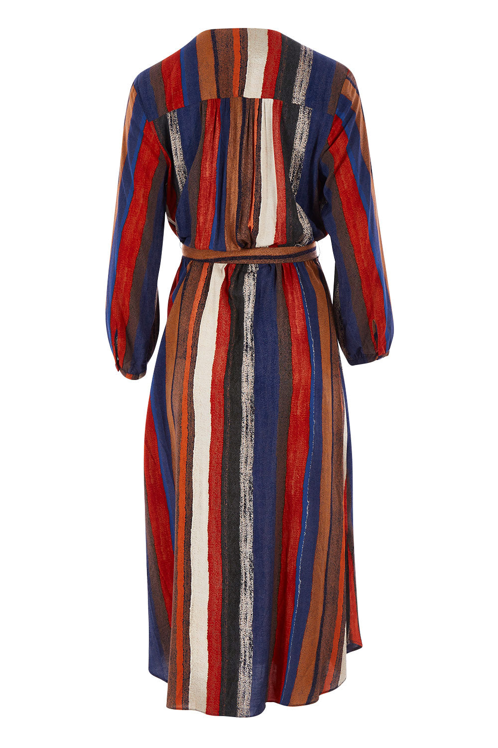 Product shot of The Wrap Front Midi Dress in colour Stripe (Blue), from the back