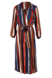 Product shot of The Wrap Front Midi Dress in colour Stripe (Blue), from the front