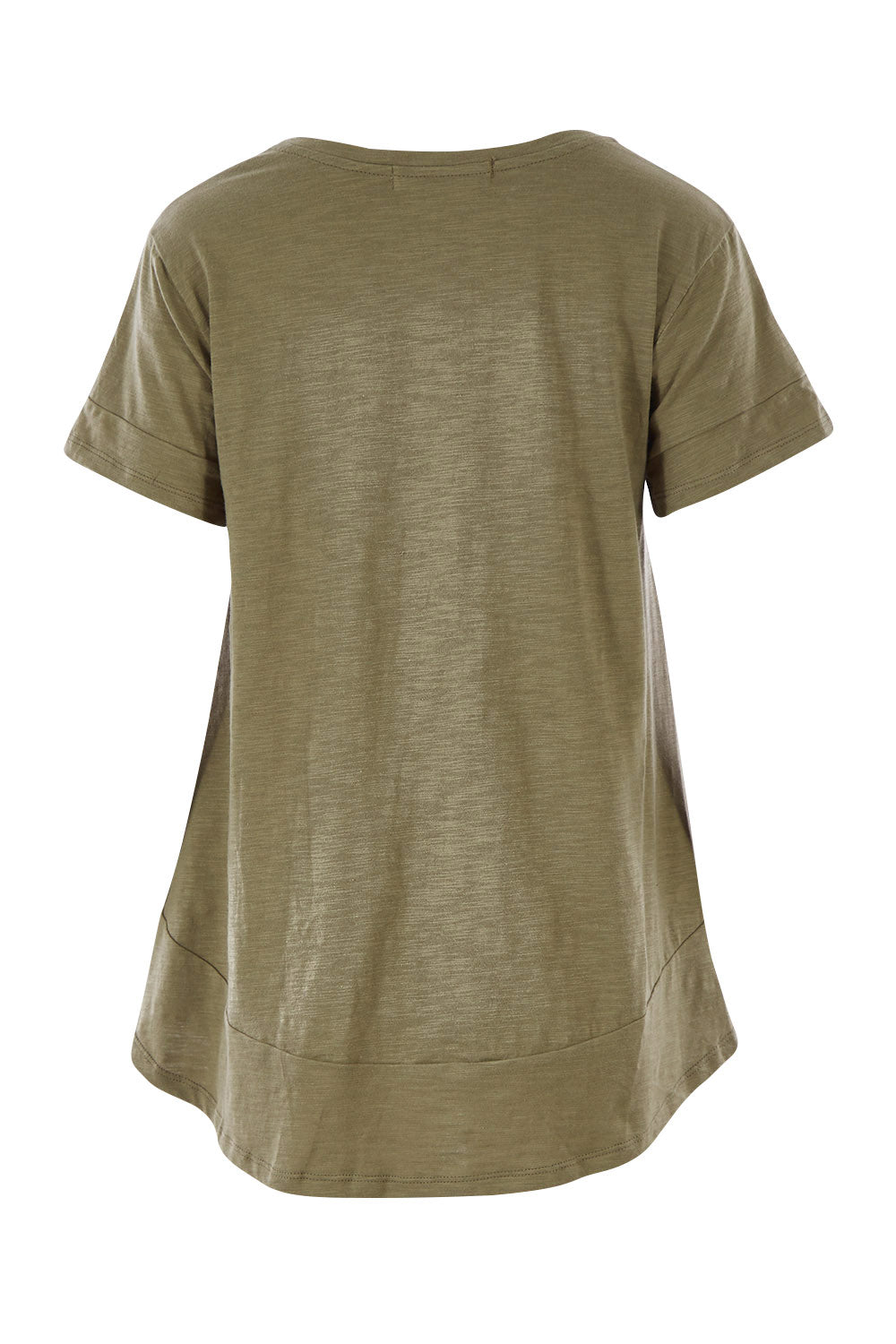 Product shot of The Short Sleeve Swing Tee in colour Khaki (Green), from the back