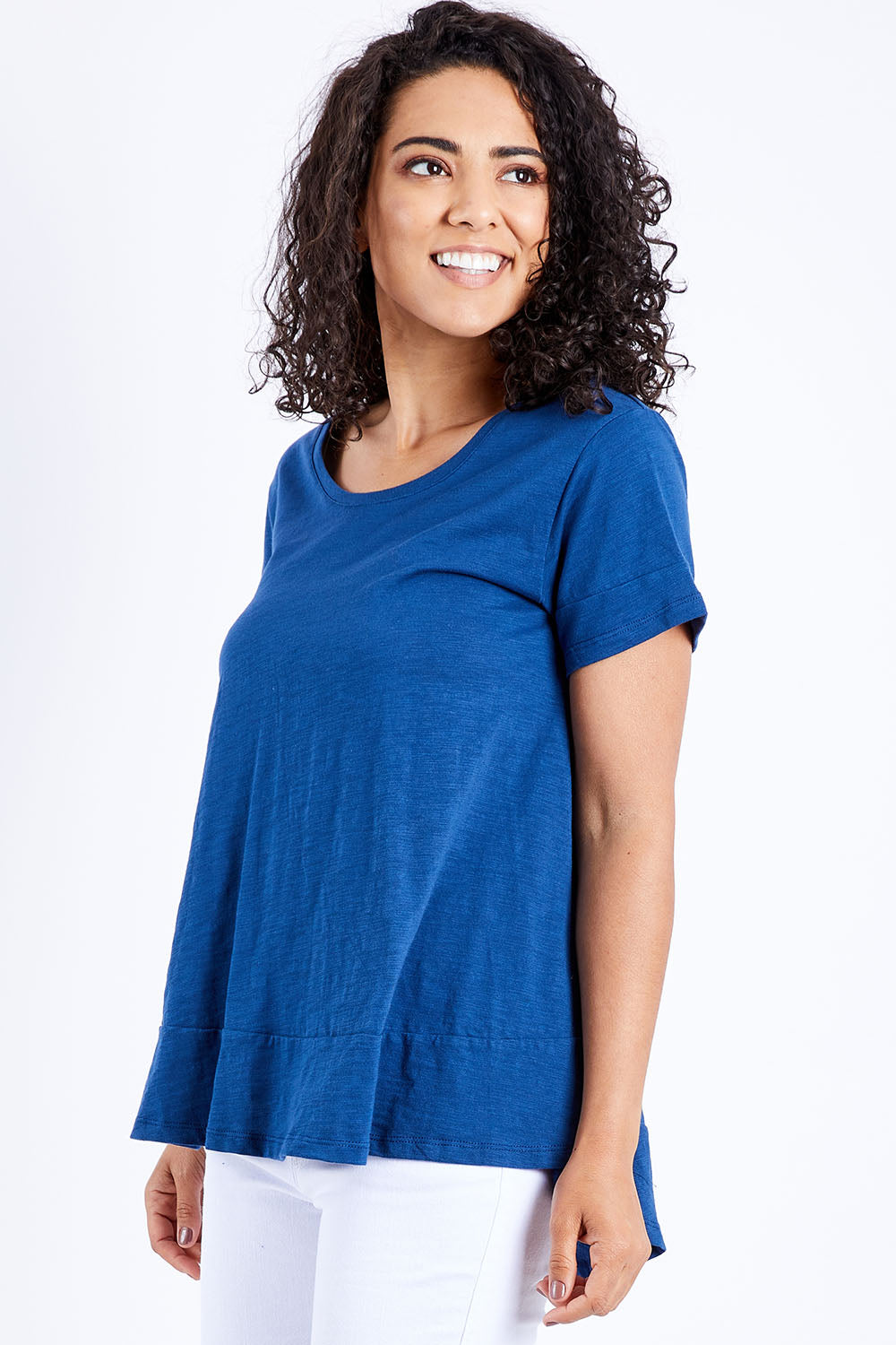 Model Pamela wearing size 10 of The Short Sleeve Swing Tee in colour Navy (Blue), from the front, cropped image
