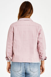 Model Laura wearing size 14 of The Denim Jacket in colour Dustypink (Pink), from the back