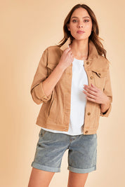 Model Madeline wearing size 10 of The Denim Jacket in colour Tan, from the front, showing the whole outfit