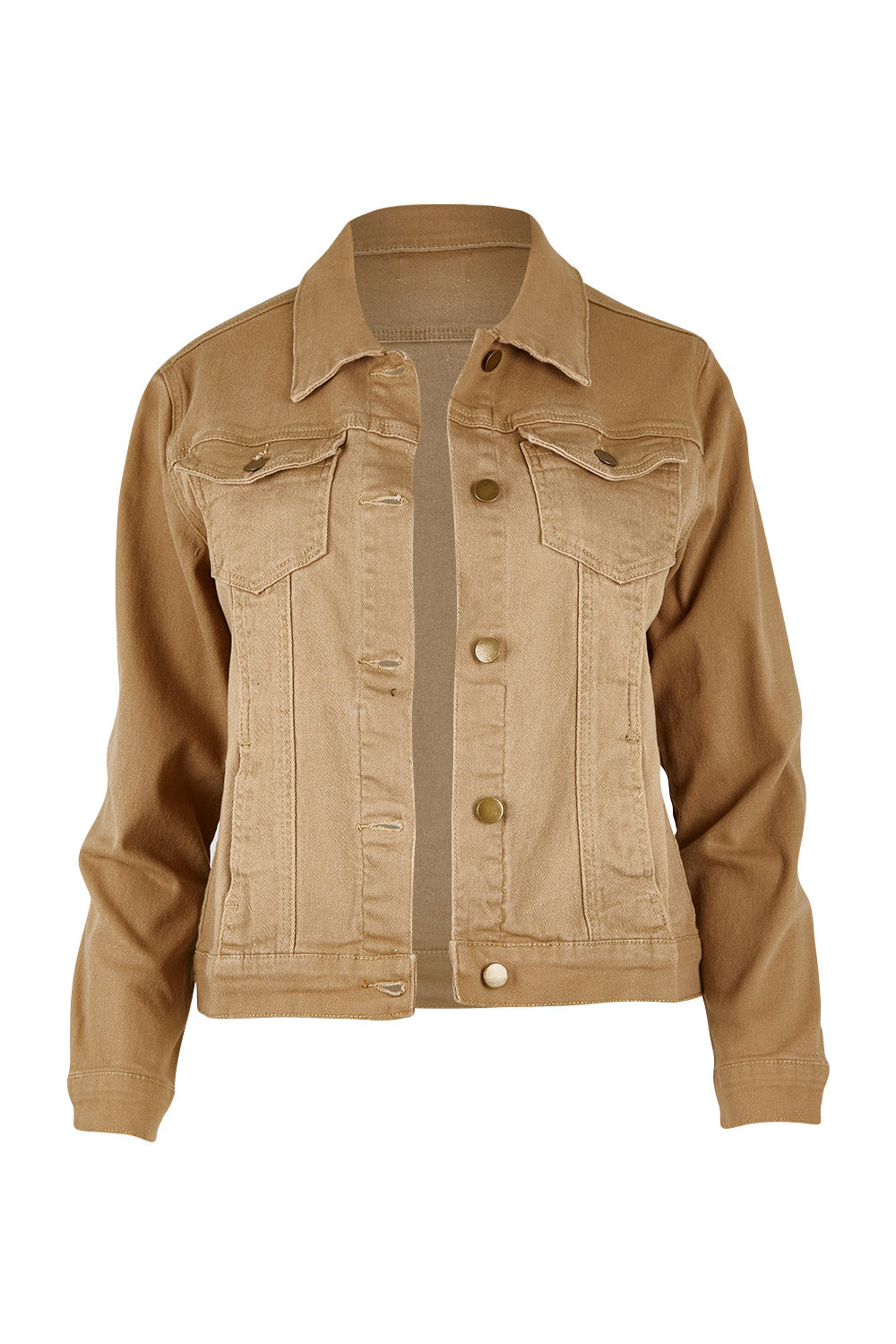 Product shot of The Denim Jacket in colour Tan, from the front