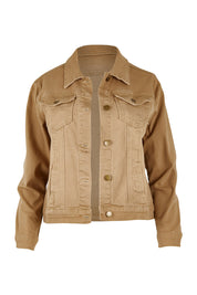 Product shot of The Denim Jacket in colour Tan, from the front