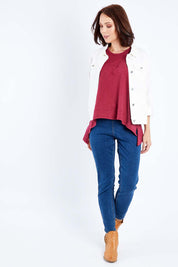 Model Andrea wearing size 10 of The Denim Jacket in colour Whitedenim (White), from the front, showing the whole outfit