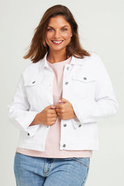 Model Kate wearing size 14 of The Denim Jacket in colour Whitedenim (White), from the front, cropped image