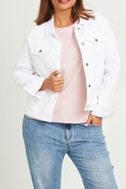 Model Monique wearing size 14 of The Denim Jacket in colour Whitedenim (White), from the front, cropped image