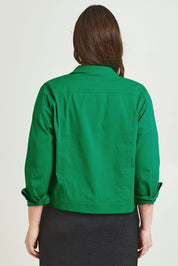 Model Jane wearing size 14 of The Tencel Blend Denim Jacket in colour Emerald (Green), from the back
