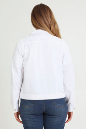 Model Chanel wearing size 16 of The Tencel Blend Denim Jacket in colour White (White), from the back