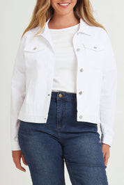 Model Chanel wearing size 16 of The Tencel Blend Denim Jacket in colour White (White), from the front, cropped image
