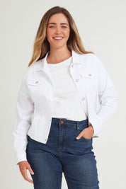 Model Chanel wearing size 16 of The Tencel Blend Denim Jacket in colour White (White), from the front, cropped image