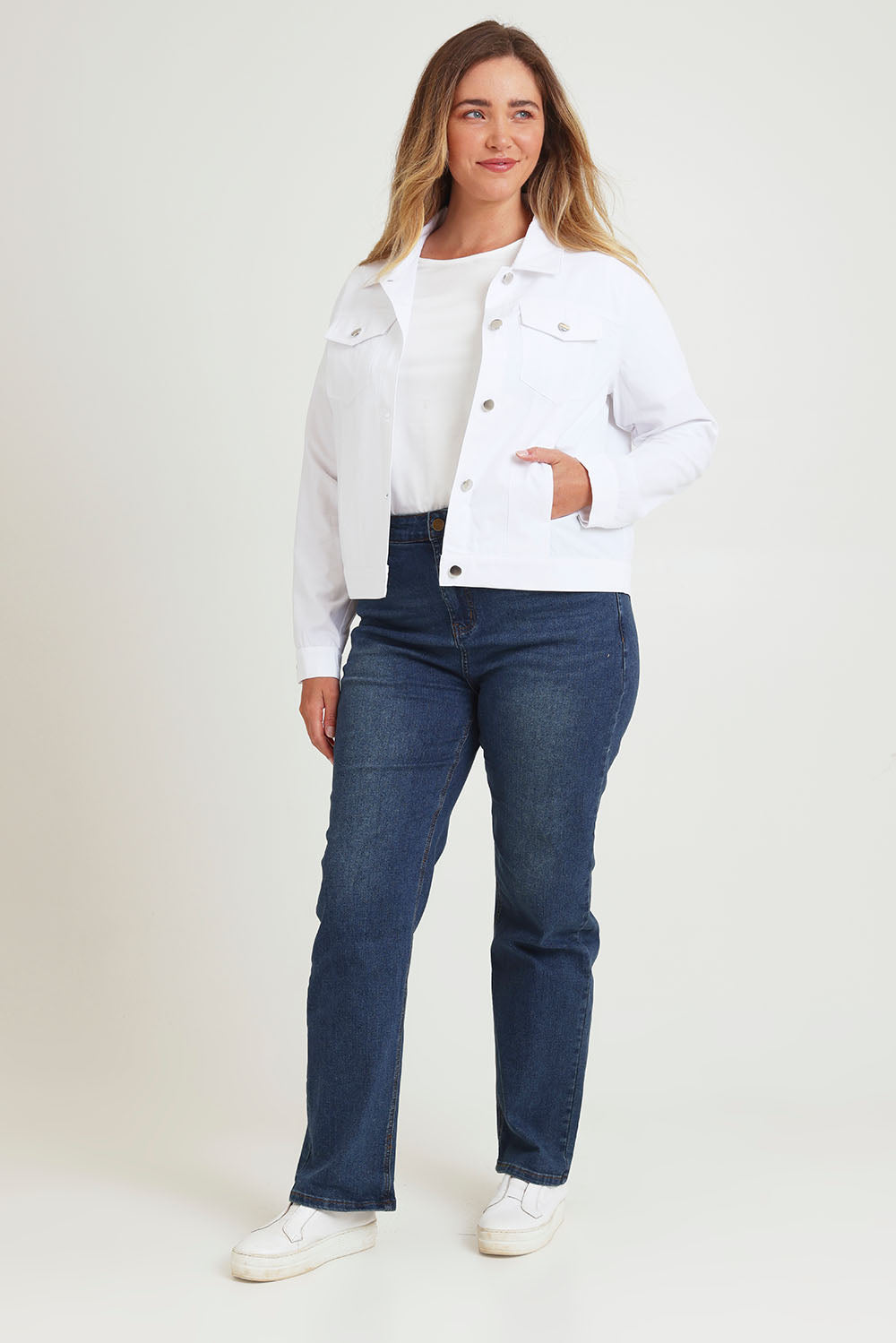 Model Chanel wearing size 16 of The Tencel Blend Denim Jacket in colour White (White), from the front, showing the whole outfit