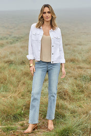 Model Tegan wearing size 10 of The Tencel Blend Denim Jacket in colour White (White), from the front, showing the whole outfit