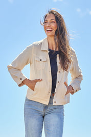 Model Amanda wearing size 10 of The Must Have Linen Look Jacket in colour Sand, from the front, showing the whole outfit