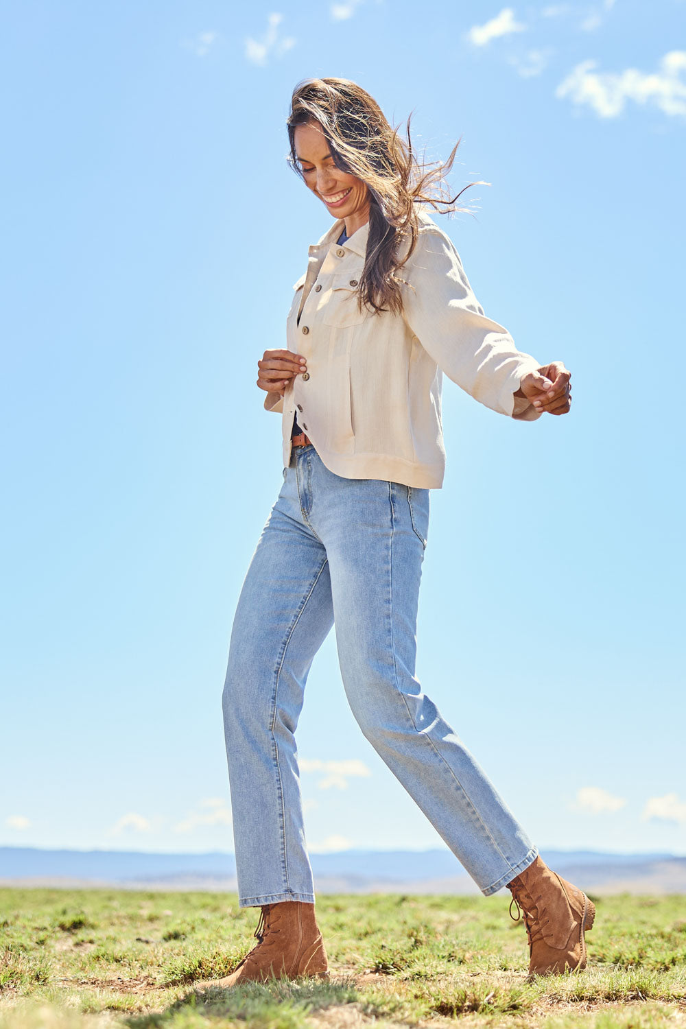 Model Amanda wearing size 10 of The Must Have Linen Look Jacket in colour Sand, from the front, showing the whole outfit