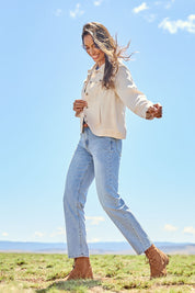 Model Amanda wearing size 10 of The Must Have Linen Look Jacket in colour Sand, from the front, showing the whole outfit