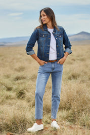 Model Amanda wearing size 10 of The Denim Jacket in colour Denim (Blue), from the front, showing the whole outfit