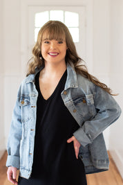 Model Katie wearing size 10 of The Denim Jacket in colour Lightdenim (Blue), from the front, showing the whole outfit