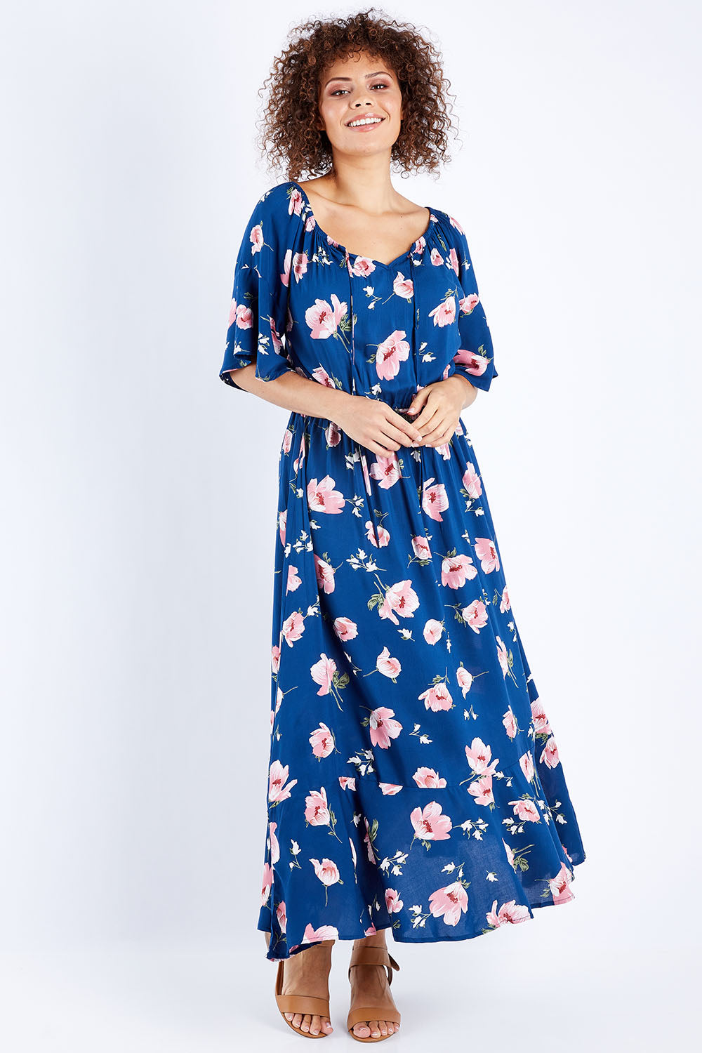 Model Lala wearing size 10 of The Printed Frill Detail Maxi in colour Pinkfloral (Pink), from the front, showing the whole outfit
