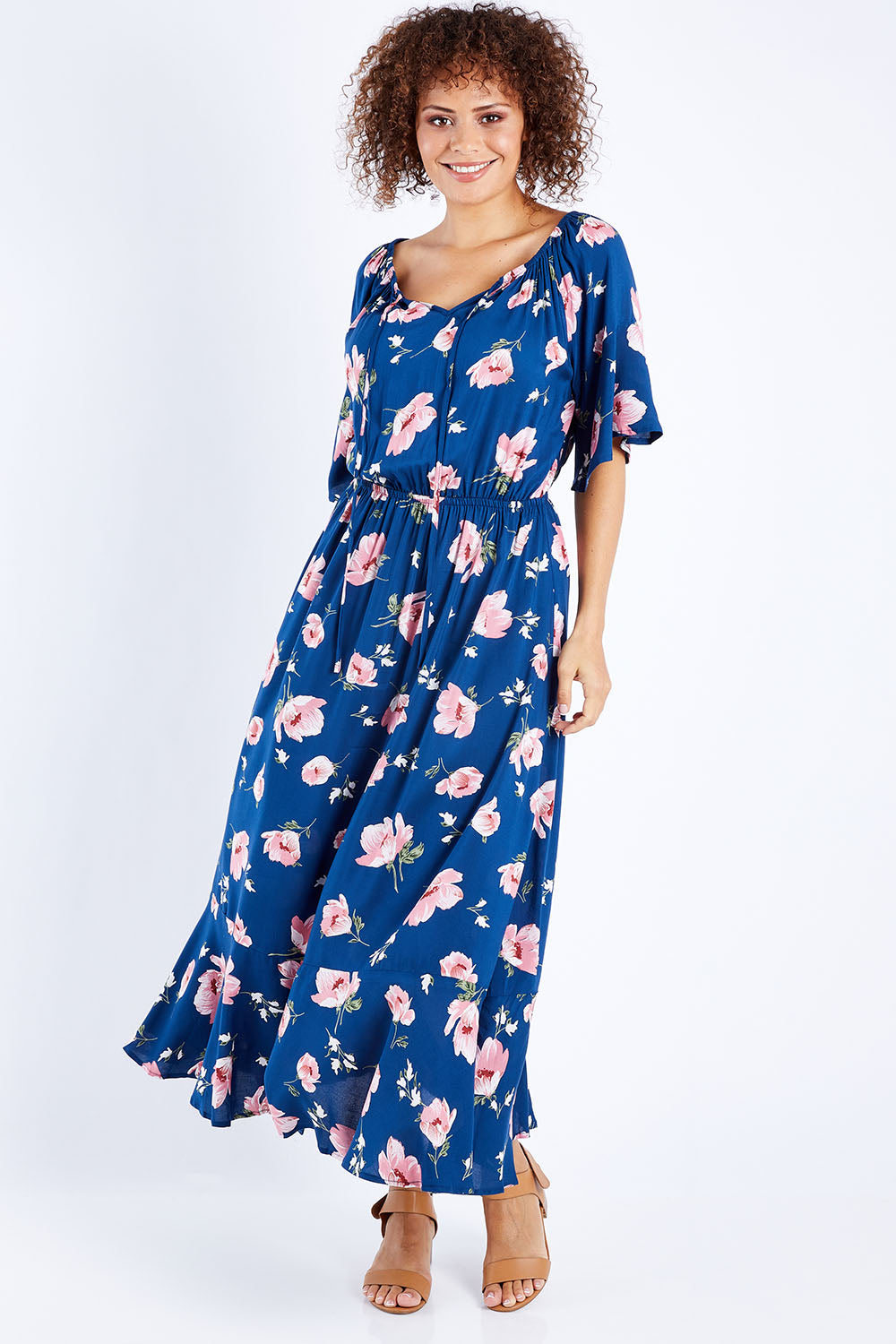 Model Lala wearing size 10 of The Printed Frill Detail Maxi in colour Pinkfloral (Pink), from the front, showing the whole outfit