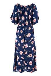 Product shot of The Printed Frill Detail Maxi in colour Pinkfloral (Pink), from the back