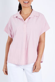 Model Pamela wearing size 10 of The Upcycled Cotton Top in colour Dustypink (Pink), from the front, cropped image