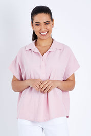 Model Pamela wearing size 10 of The Upcycled Cotton Top in colour Dustypink (Pink), from the front, cropped image