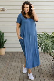 Model Laura wearing size 14 of The Cotton Blend Maxi in colour Frenchblue (Blue), from the front, showing the whole outfit