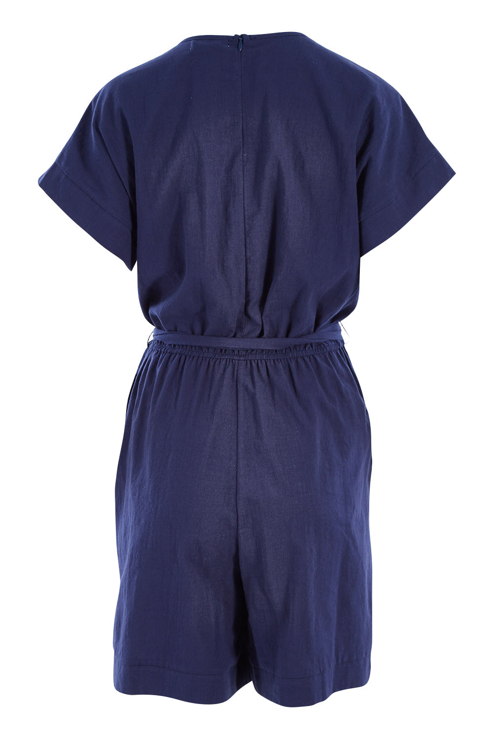 Product shot of The Upcycled Cotton Playsuit in colour Navy (Blue), from the back