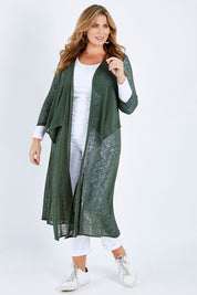 Model Fiona wearing size 16 of The Throw Over Duster Cardi in colour Khaki (Green), from the front, showing the whole outfit