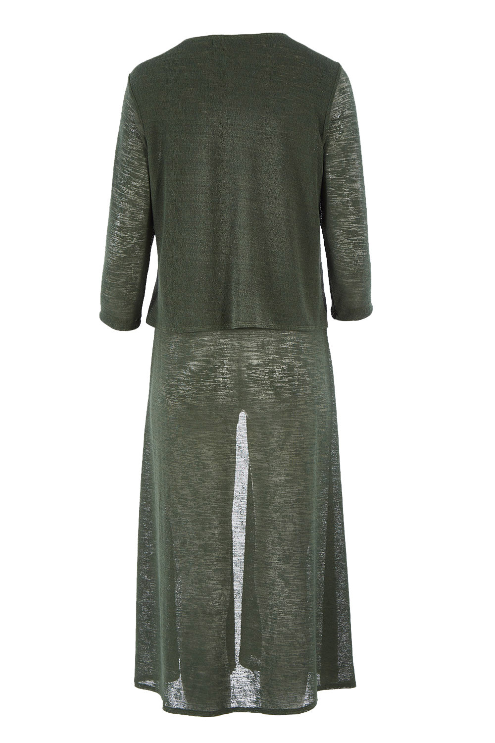 Product shot of The Throw Over Duster Cardi in colour Khaki (Green), from the back