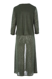 Product shot of The Throw Over Duster Cardi in colour Khaki (Green), from the back