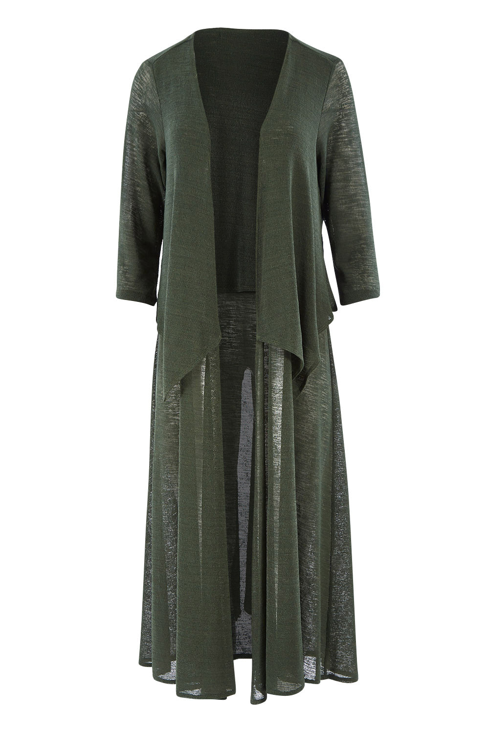 Product shot of The Throw Over Duster Cardi in colour Khaki (Green), from the front