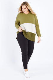 Model Fiona wearing size 16 of The Panel Detail Pant in colour Black (Black), from the front, showing the whole outfit