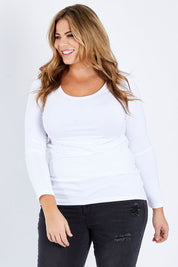 Model Fiona wearing size 16 of The Scoop Neck Essential Tee in colour White (White), from the front, cropped image