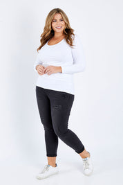 Model Fiona wearing size 16 of The Scoop Neck Essential Tee in colour White (White), from the front, showing the whole outfit