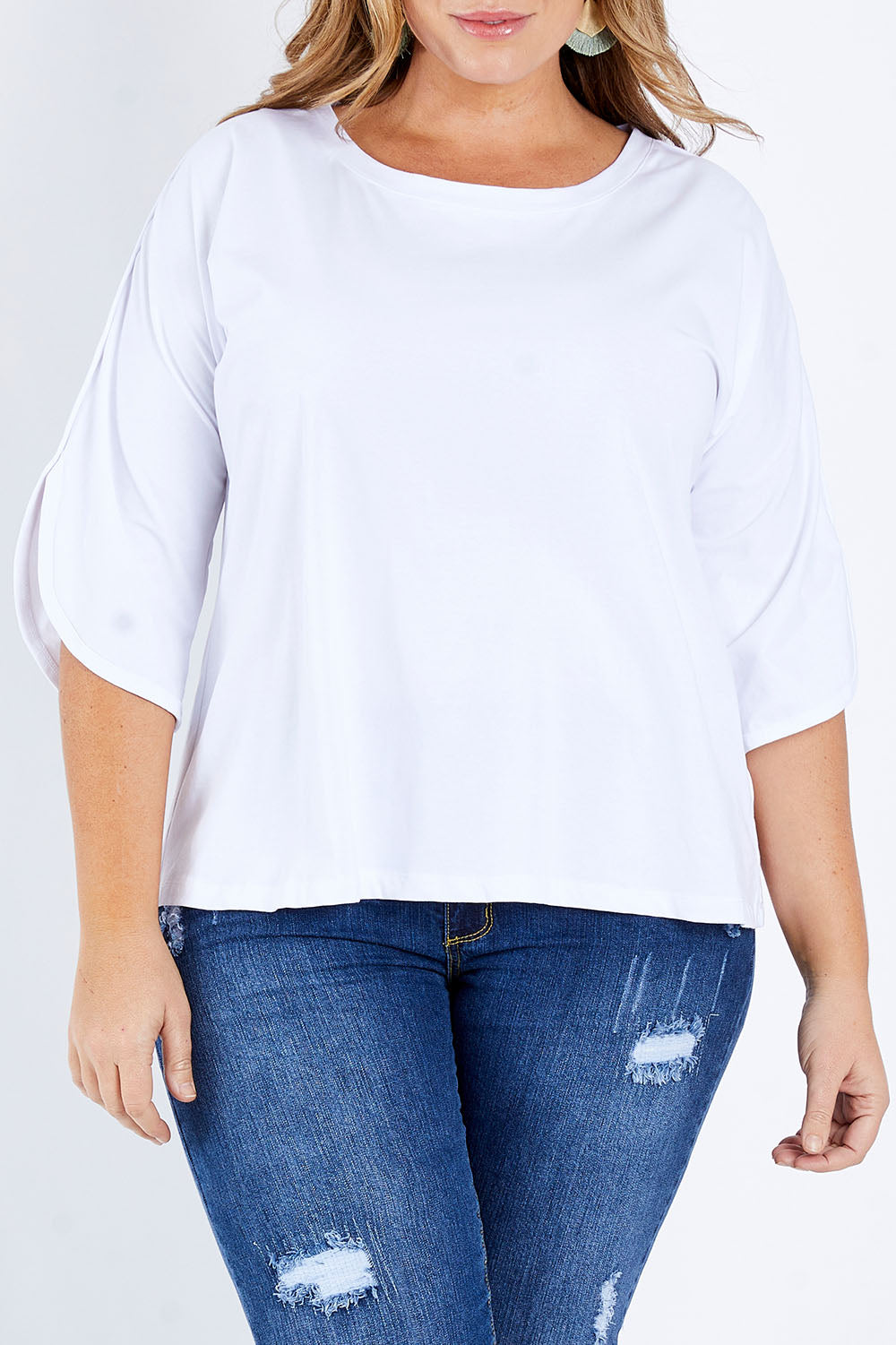 Model Fiona wearing size 16 of The Split Sleeve Tee in colour White (White), from the front, cropped image