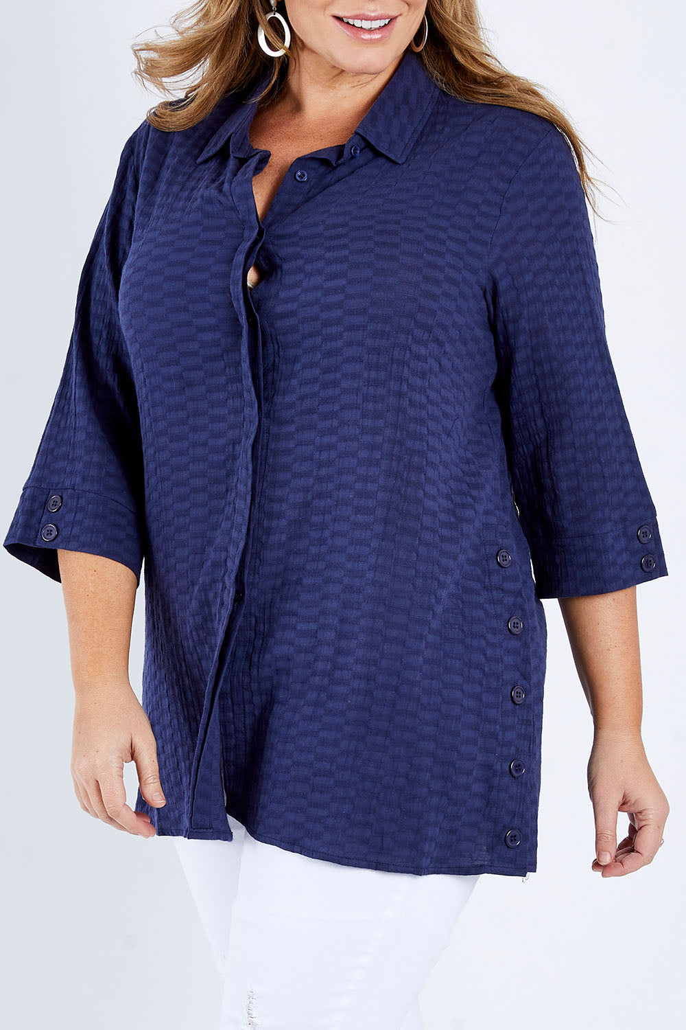 Model Fiona wearing size 16 of The Textured Overshirt in colour Navy (Blue), from the front, cropped image