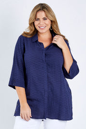 Model Fiona wearing size 16 of The Textured Overshirt in colour Navy (Blue), from the front, cropped image