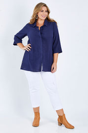 Model Fiona wearing size 16 of The Textured Overshirt in colour Navy (Blue), from the front, showing the whole outfit