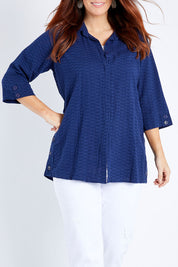 Model Laura wearing size 12 of The Textured Overshirt in colour Navy (Blue), from the front, cropped image