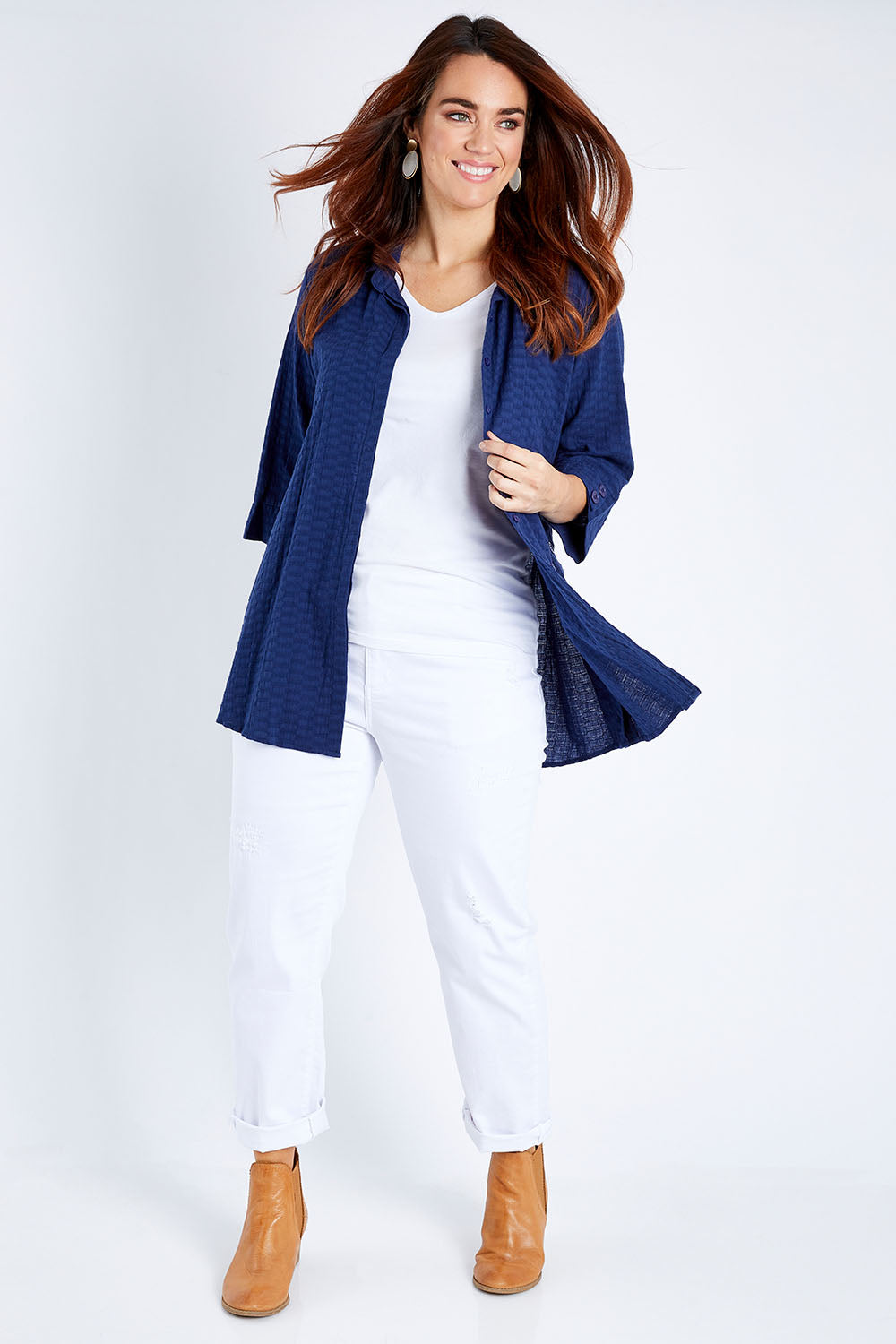 Model Laura wearing size 12 of The Textured Overshirt in colour Navy (Blue), from the front, showing the whole outfit