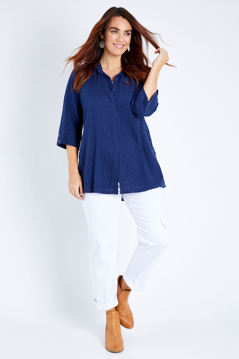 Model Laura wearing size 12 of The Textured Overshirt in colour Navy (Blue), from the front, showing the whole outfit
