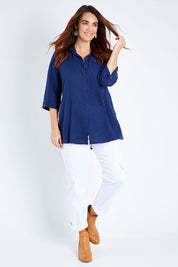 Model Laura wearing size 12 of The Textured Overshirt in colour Navy (Blue), from the front, showing the whole outfit