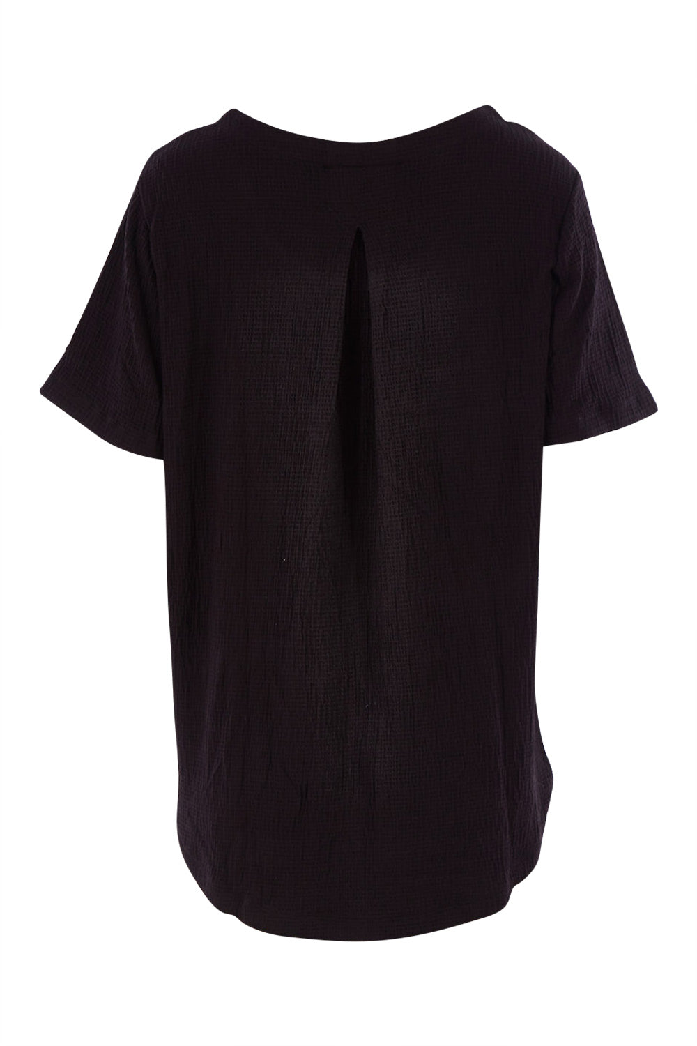 Product shot of The Essential Pleat Detail Tee in colour Black (Black), from the back
