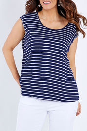 Model Laura wearing size M of The Textured Stripe Tank in colour Stripe (Blue), from the front, cropped image