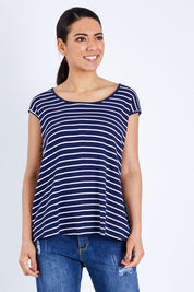 Model Pamela wearing size S of The Textured Stripe Tank in colour Stripe (Blue), from the front, cropped image