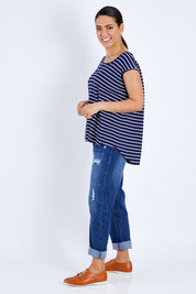 Model Pamela wearing size S of The Textured Stripe Tank in colour Stripe (Blue), from the front, showing the whole outfit